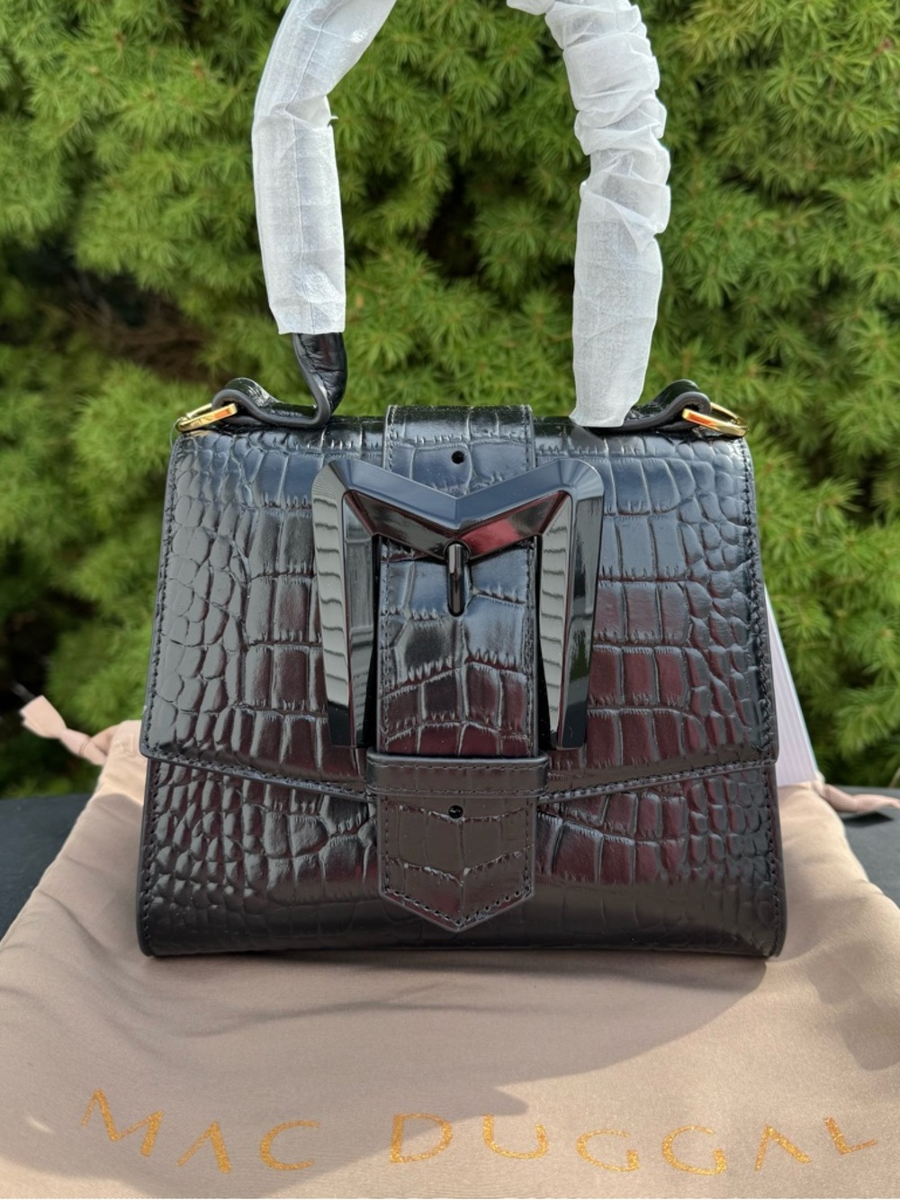 Mac Duggal Black Croc-Embossed Top Handle Satchel NWT